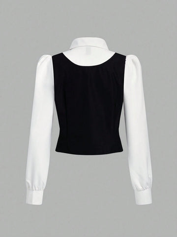 MOD Puff sleeve 2 in 1 Color Block Shirt Top