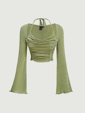 MOD Tie Back Lettuce Trim Ruched Front Trumpet Sleeve Crop Tee