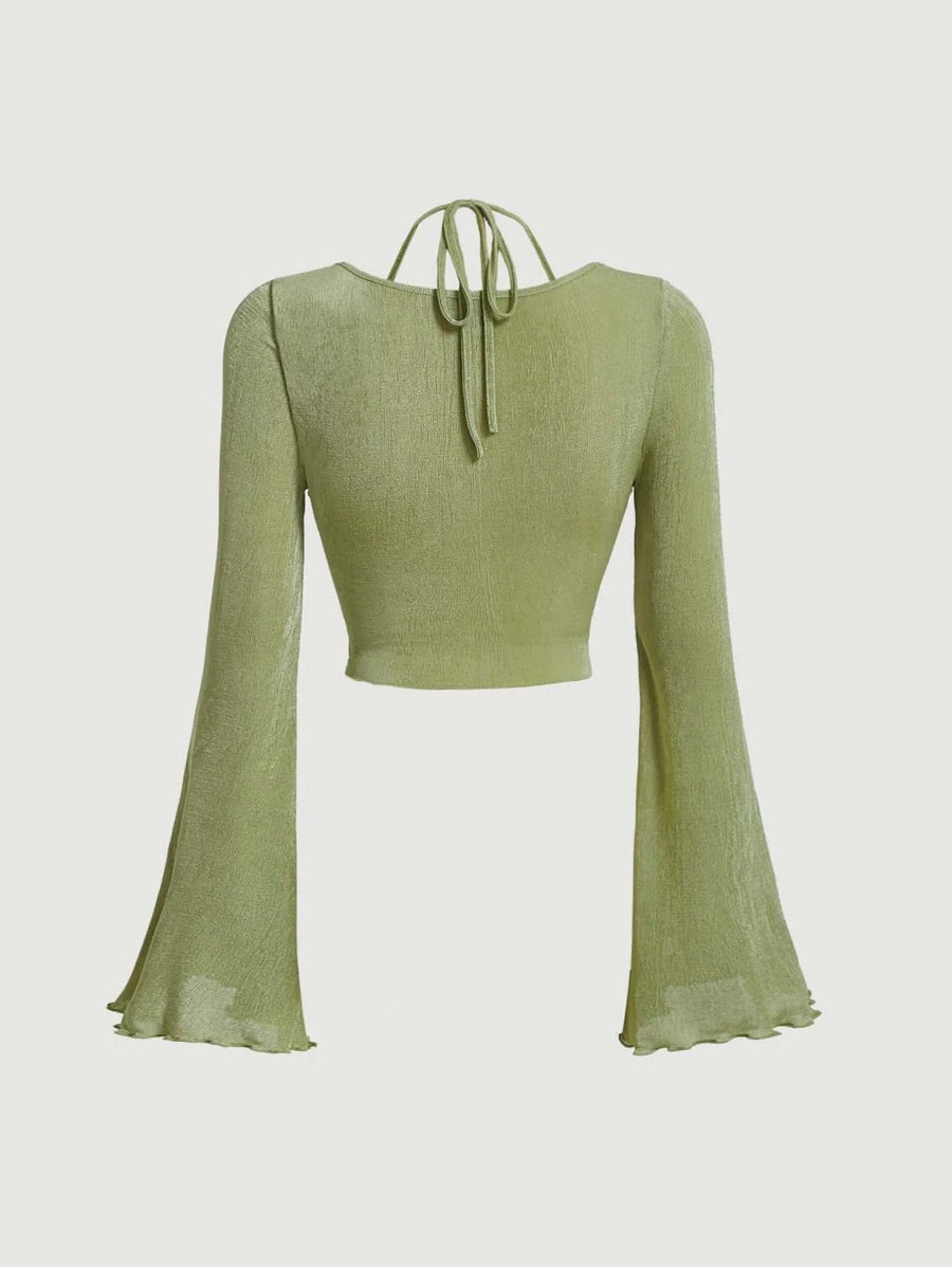 MOD Tie Back Lettuce Trim Ruched Front Trumpet Sleeve Crop Tee
