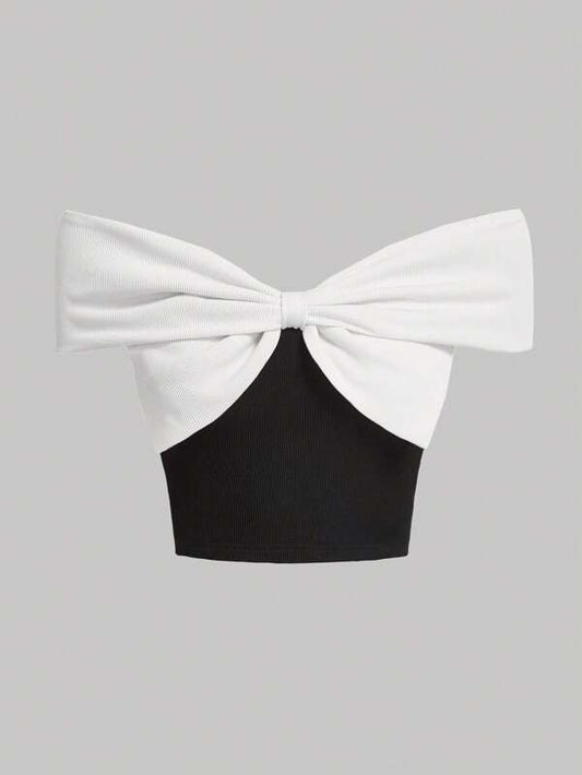 MOD Two Tone Off Shoulder Bow Front Crop Tee