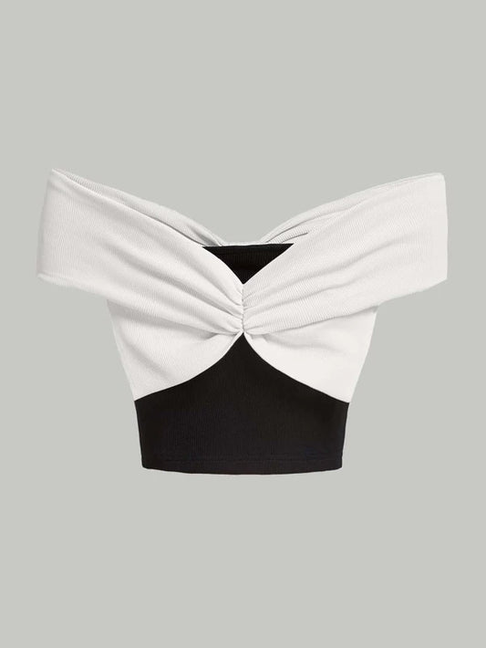 MOD Two Tone Off Shoulder Bow Front Crop Tee