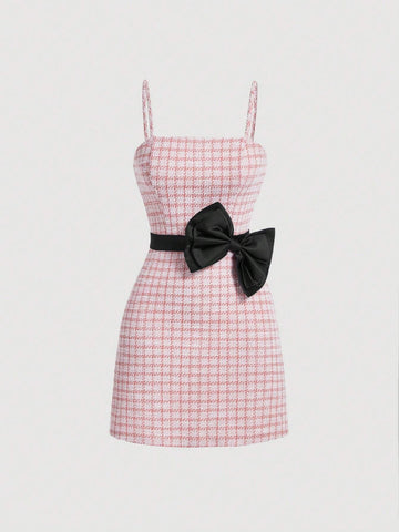 MOD Women's Gingham Print Spaghetti Strap Dress With Bow Decoration