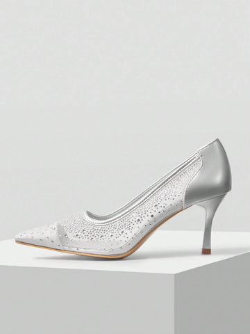 MOTF PREMIUM WOMEN'S FASHION MESH RHINESTONE BACKLESS POINTED TOE HIGH HEEL
