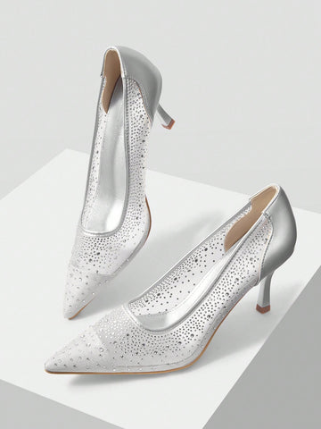 MOTF PREMIUM WOMEN'S FASHION MESH RHINESTONE BACKLESS POINTED TOE HIGH HEEL