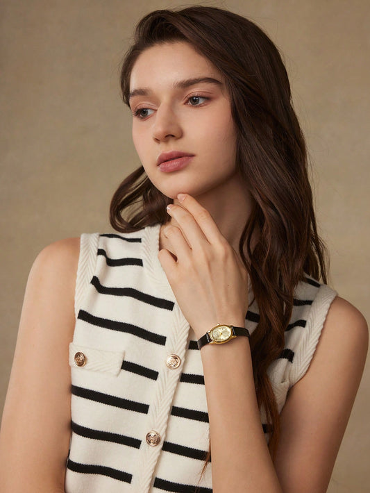 MOTF PREMIUM 1PC WOMEN'S WATCH WITH GOLDEN OVAL DIAL AND PATTERNED