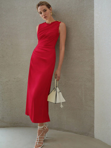 MOTF PREMIUM ELEGANT SOLID RUCHED WAIST SLIM FIT DRESS