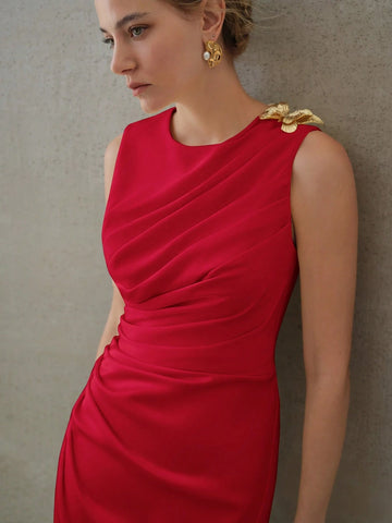 MOTF PREMIUM ELEGANT SOLID RUCHED WAIST SLIM FIT DRESS