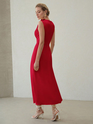 MOTF PREMIUM ELEGANT SOLID RUCHED WAIST SLIM FIT DRESS