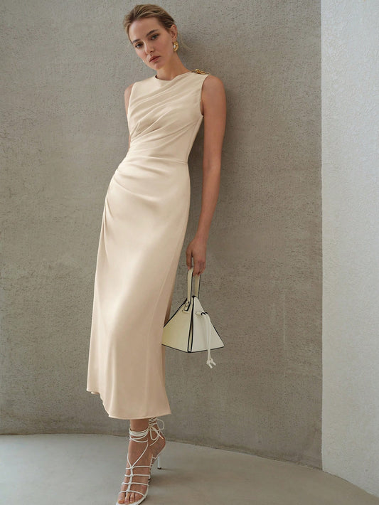 MOTF PREMIUM ELEGANT SOLID RUCHED WAIST SLIM FIT DRESS