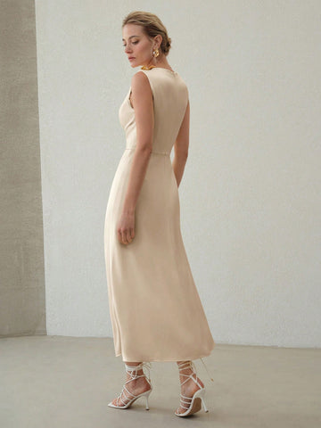 MOTF PREMIUM ELEGANT SOLID RUCHED WAIST SLIM FIT DRESS