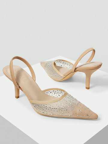 MOTF PREMIUM WOMEN'S FASHION MESH RHINESTONE BACKLESS POINTED TOE HIGH HEEL