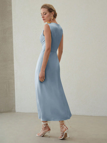 MOTF PREMIUM ELEGANT SOLID RUCHED WAIST SLIM FIT DRESS