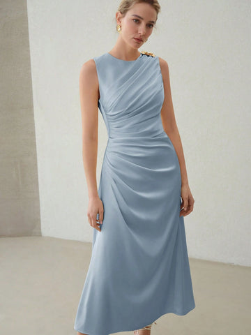 MOTF PREMIUM ELEGANT SOLID RUCHED WAIST SLIM FIT DRESS