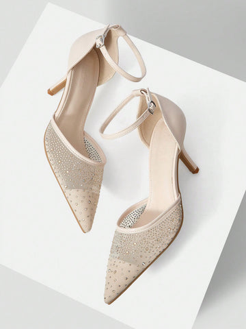 MOTF PREMIUM WOMEN'S FASHION MESH RHINESTONE BACKLESS POINTED TOE HIGH HEEL