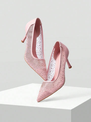 MOTF PREMIUM WOMEN'S FASHION MESH RHINESTONE BACKLESS POINTED TOE HIGH HEEL