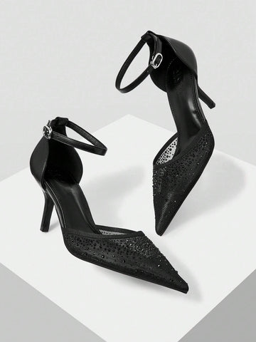MOTF PREMIUM WOMEN'S FASHION MESH RHINESTONE BACKLESS POINTED TOE HIGH HEEL