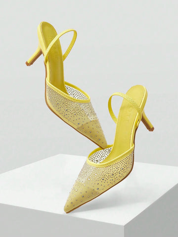 MOTF PREMIUM WOMEN'S FASHION MESH RHINESTONE BACKLESS POINTED TOE HIGH HEEL