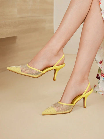 MOTF PREMIUM WOMEN'S FASHION MESH RHINESTONE BACKLESS POINTED TOE HIGH HEEL