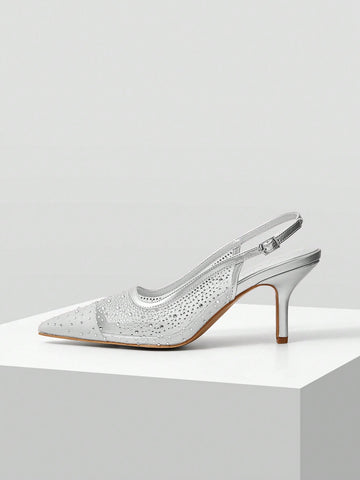 MOTF PREMIUM WOMEN'S FASHION MESH RHINESTONE BACKLESS POINTED TOE HIGH HEEL