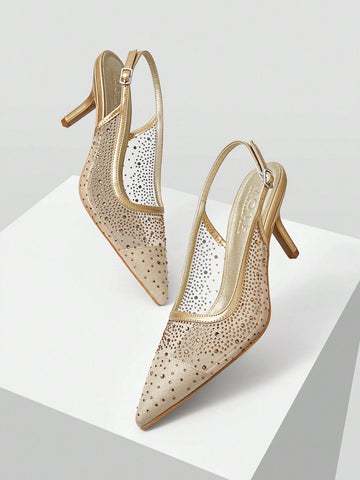 MOTF PREMIUM WOMEN'S FASHION MESH RHINESTONE BACKLESS POINTED TOE HIGH HEEL