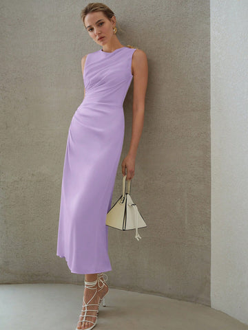 MOTF PREMIUM ELEGANT SOLID RUCHED WAIST SLIM FIT DRESS