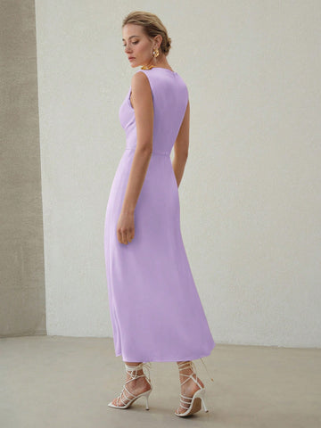 MOTF PREMIUM ELEGANT SOLID RUCHED WAIST SLIM FIT DRESS