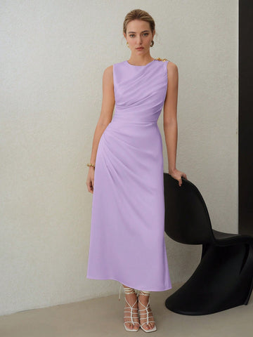 MOTF PREMIUM ELEGANT SOLID RUCHED WAIST SLIM FIT DRESS