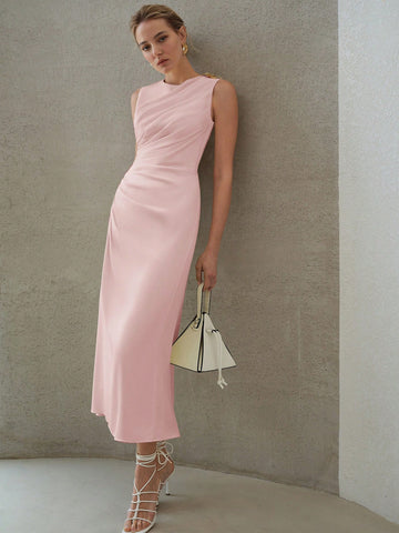 MOTF PREMIUM ELEGANT SOLID RUCHED WAIST SLIM FIT DRESS