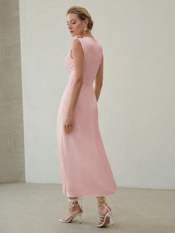 MOTF PREMIUM ELEGANT SOLID RUCHED WAIST SLIM FIT DRESS