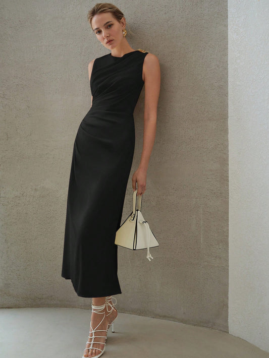 MOTF PREMIUM ELEGANT SOLID RUCHED WAIST SLIM FIT DRESS