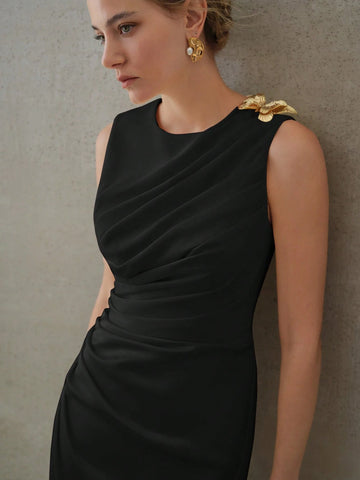 MOTF PREMIUM ELEGANT SOLID RUCHED WAIST SLIM FIT DRESS