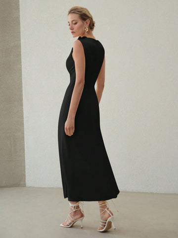 MOTF PREMIUM ELEGANT SOLID RUCHED WAIST SLIM FIT DRESS