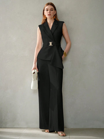 MOTF PREMIUM SOLID SLANT POCKET SEAM FRONT WIDE LEG SUIT PANTS