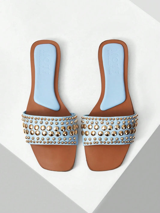 MOTF PREMIUM SQUARE TOE CONTRAST TRIM STUDDED FLAT SANDALS