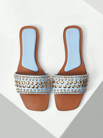 MOTF PREMIUM SQUARE TOE CONTRAST TRIM STUDDED FLAT SANDALS