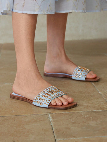 MOTF PREMIUM SQUARE TOE CONTRAST TRIM STUDDED FLAT SANDALS