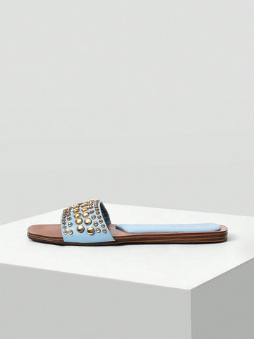 MOTF PREMIUM SQUARE TOE CONTRAST TRIM STUDDED FLAT SANDALS