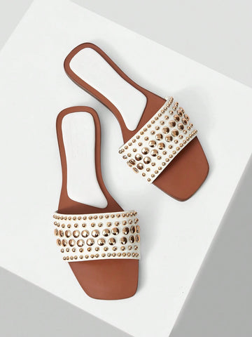 MOTF PREMIUM SQUARE TOE CONTRAST TRIM STUDDED FLAT SANDALS
