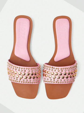 MOTF PREMIUM SQUARE TOE CONTRAST TRIM STUDDED FLAT SANDALS
