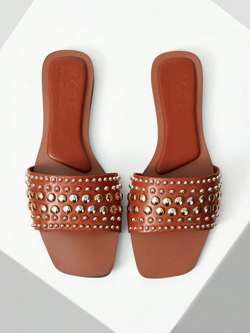 MOTF PREMIUM SQUARE TOE CONTRAST TRIM STUDDED FLAT SANDALS