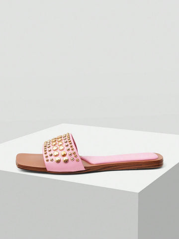 MOTF PREMIUM SQUARE TOE CONTRAST TRIM STUDDED FLAT SANDALS