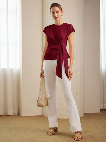PREMIUM KNOT FRONT CAP SLEEVE T-SHIRT