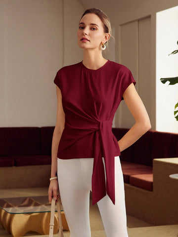 PREMIUM KNOT FRONT CAP SLEEVE T-SHIRT