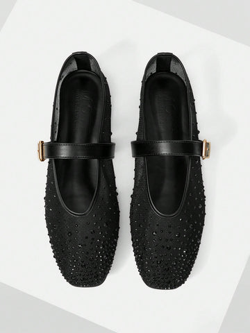 MOTF PREMIUM RHINESTONE DETAIL PU LEATHER FLATS