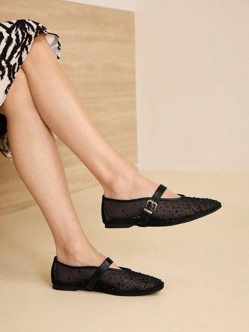 MOTF PREMIUM RHINESTONE DETAIL PU LEATHER FLATS