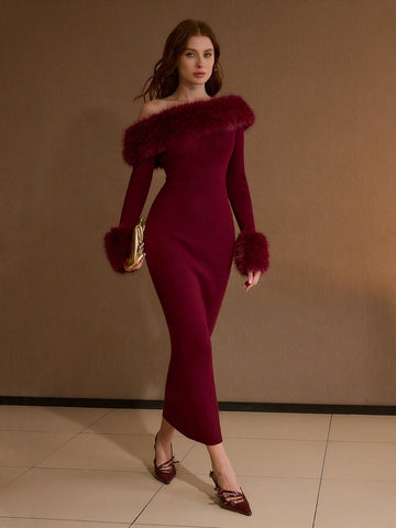 MOTF PREMIUM WOMEN'S ELEGANT LONG KNITTED DRESS WITH FAUX FUR