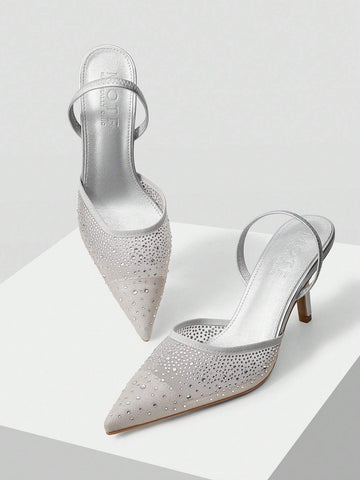 MOTF PREMIUM WOMEN'S FASHION MESH RHINESTONE BACKLESS POINTED TOE HIGH HEEL
