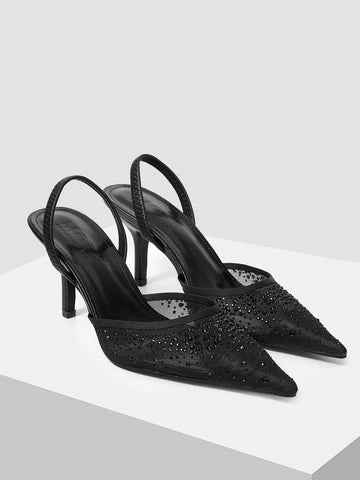 MOTF PREMIUM WOMEN'S FASHION MESH RHINESTONE BACKLESS POINTED TOE HIGH HEEL