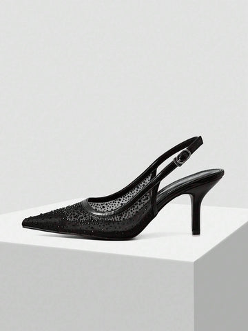MOTF PREMIUM WOMEN'S FASHION MESH RHINESTONE BACKLESS POINTED TOE HIGH HEEL