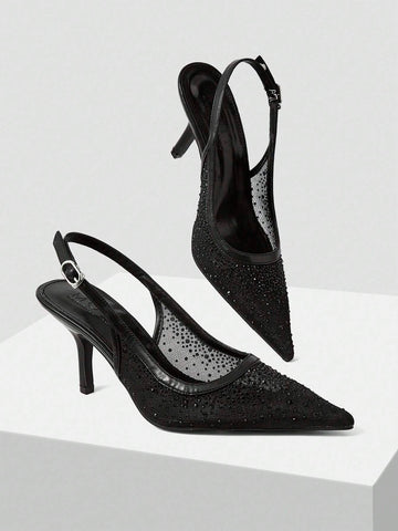 MOTF PREMIUM WOMEN'S FASHION MESH RHINESTONE BACKLESS POINTED TOE HIGH HEEL